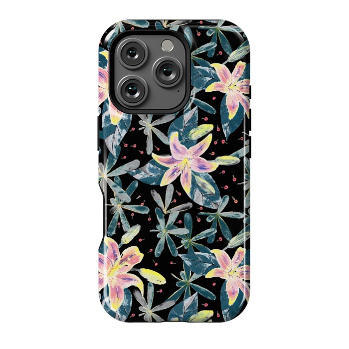 iPhone 16 Pro StrongFit Painted flowers and tropical leaves - dark green by Oana 