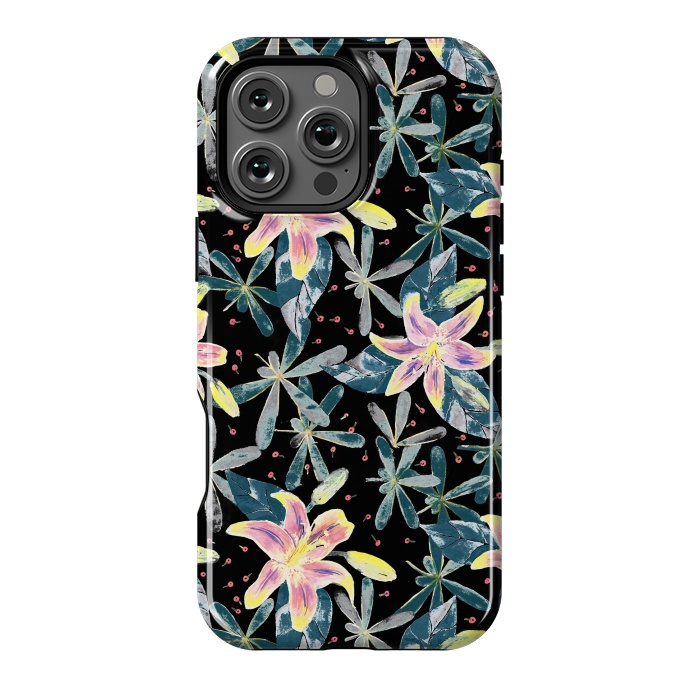 iPhone 16 Pro Max StrongFit Painted flowers and tropical leaves - dark green by Oana 