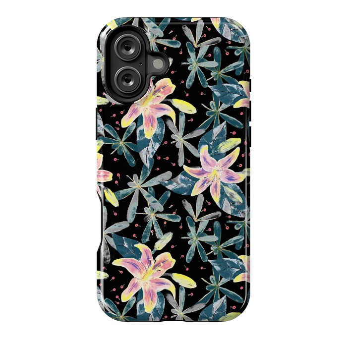 iPhone 16 Plus StrongFit Painted flowers and tropical leaves - dark green by Oana 