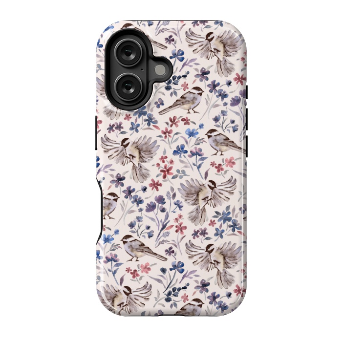 iPhone 16 StrongFit Chickadees and Wildflowers on Cream by Micklyn Le Feuvre