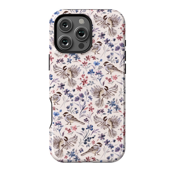 iPhone 16 Pro Max StrongFit Chickadees and Wildflowers on Cream by Micklyn Le Feuvre