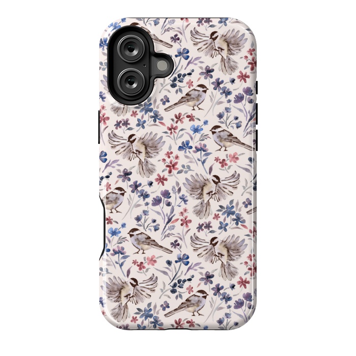 iPhone 16 Plus StrongFit Chickadees and Wildflowers on Cream by Micklyn Le Feuvre