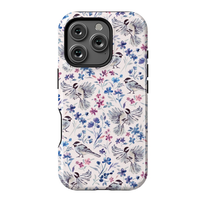 iPhone 16 Pro StrongFit Chickadees and Wildflowers in lavender blues on cream by Micklyn Le Feuvre