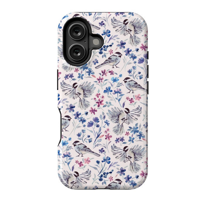 iPhone 16 StrongFit Chickadees and Wildflowers in lavender blues on cream by Micklyn Le Feuvre