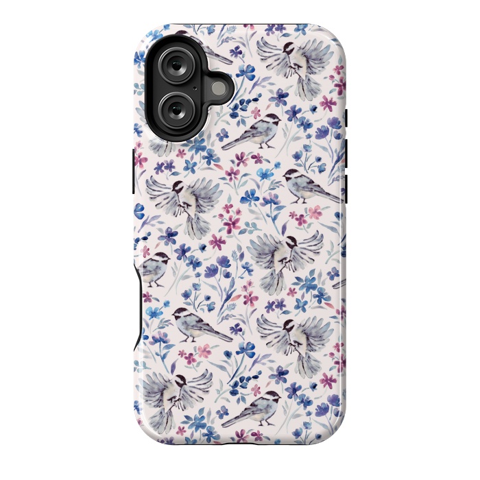 iPhone 16 Plus StrongFit Chickadees and Wildflowers in lavender blues on cream by Micklyn Le Feuvre