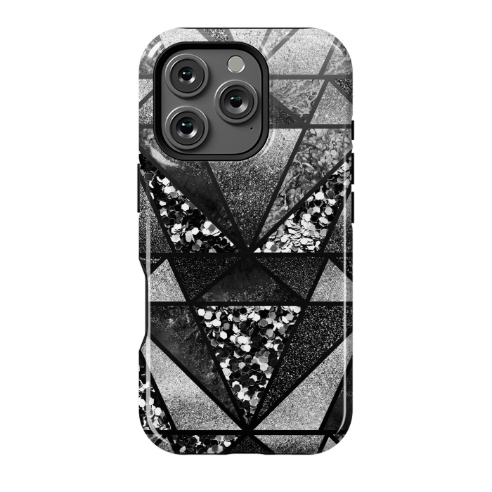 iPhone 16 Pro StrongFit Black and silver glitter sparkle triangles by Oana 