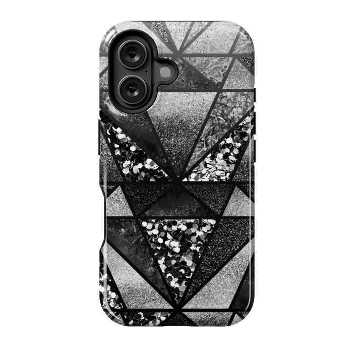 iPhone 16 StrongFit Black and silver glitter sparkle triangles by Oana 