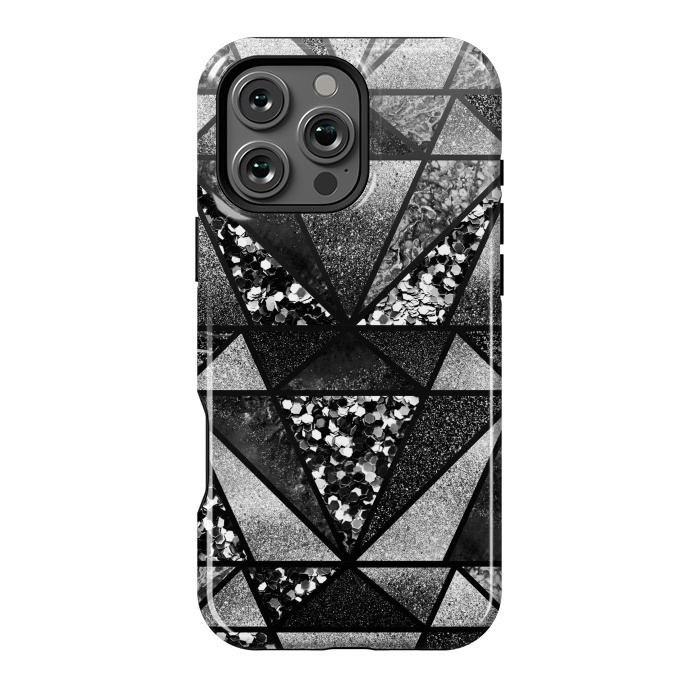 iPhone 16 Pro Max StrongFit Black and silver glitter sparkle triangles by Oana 