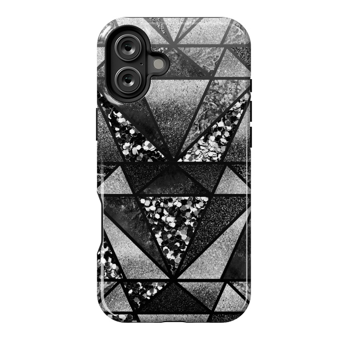 iPhone 16 Plus StrongFit Black and silver glitter sparkle triangles by Oana 