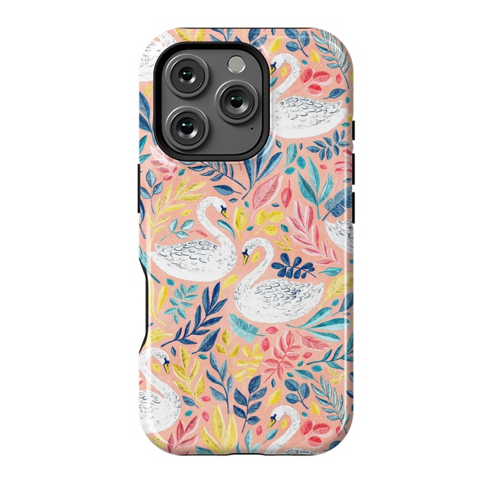 iPhone 16 Pro StrongFit Whimsical White Swans and Colorful Leaves on Pale Peach Pink by Micklyn Le Feuvre