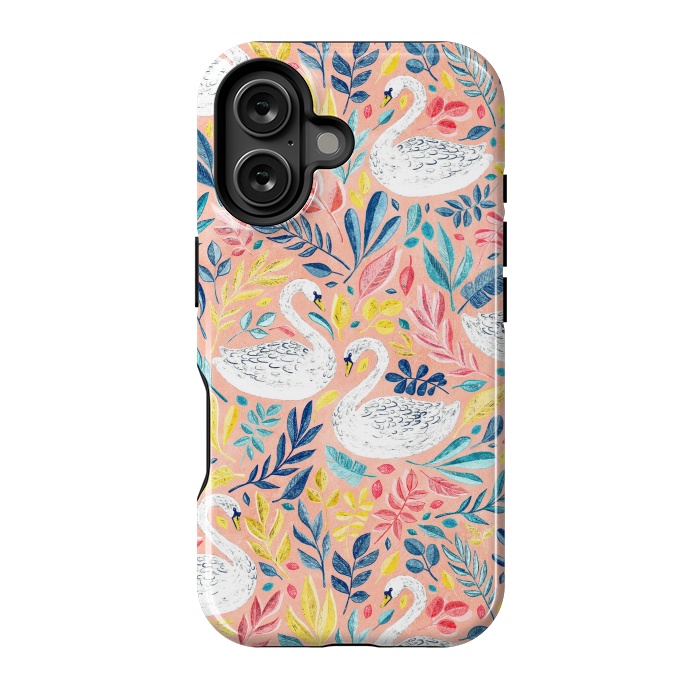 iPhone 16 StrongFit Whimsical White Swans and Colorful Leaves on Pale Peach Pink by Micklyn Le Feuvre