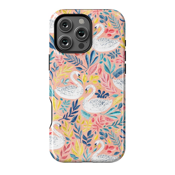 iPhone 16 Pro Max StrongFit Whimsical White Swans and Colorful Leaves on Pale Peach Pink by Micklyn Le Feuvre