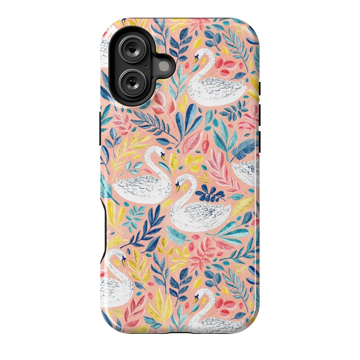 iPhone 16 Plus StrongFit Whimsical White Swans and Colorful Leaves on Pale Peach Pink by Micklyn Le Feuvre