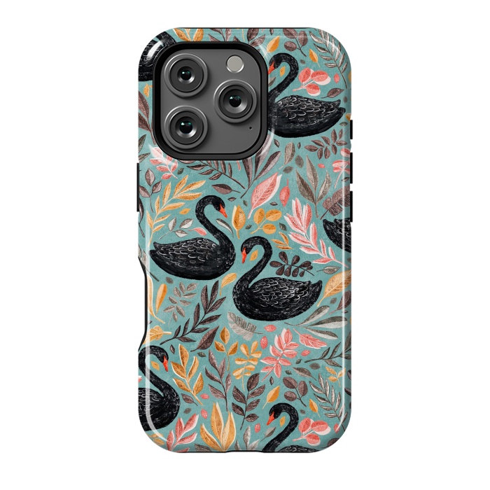 iPhone 16 Pro StrongFit Bonny Black Swans with Autumn Leaves on Sage by Micklyn Le Feuvre