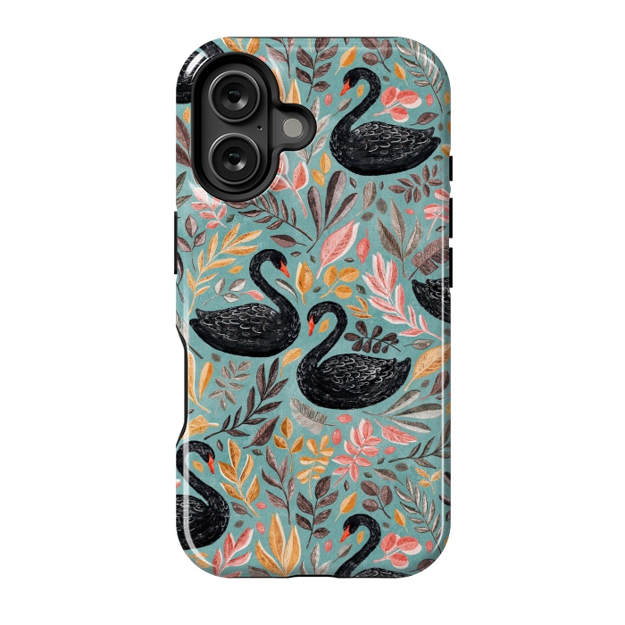 iPhone 16 StrongFit Bonny Black Swans with Autumn Leaves on Sage by Micklyn Le Feuvre