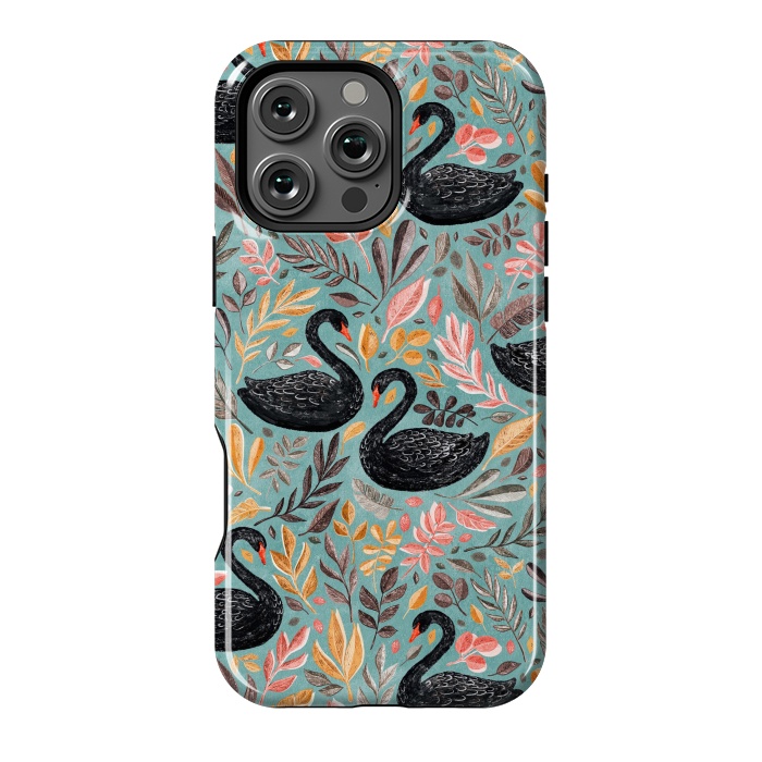 iPhone 16 Pro Max StrongFit Bonny Black Swans with Autumn Leaves on Sage by Micklyn Le Feuvre