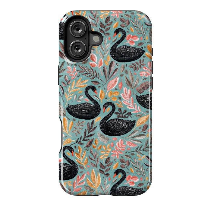 iPhone 16 Plus StrongFit Bonny Black Swans with Autumn Leaves on Sage by Micklyn Le Feuvre