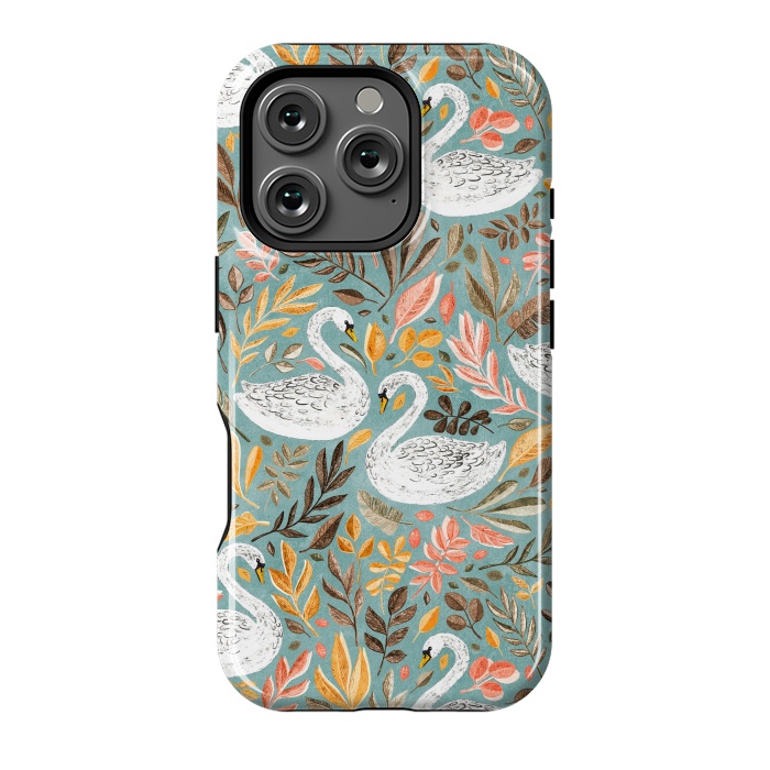 iPhone 16 Pro StrongFit Whimsical White Swans with Autumn Leaves on Sage by Micklyn Le Feuvre