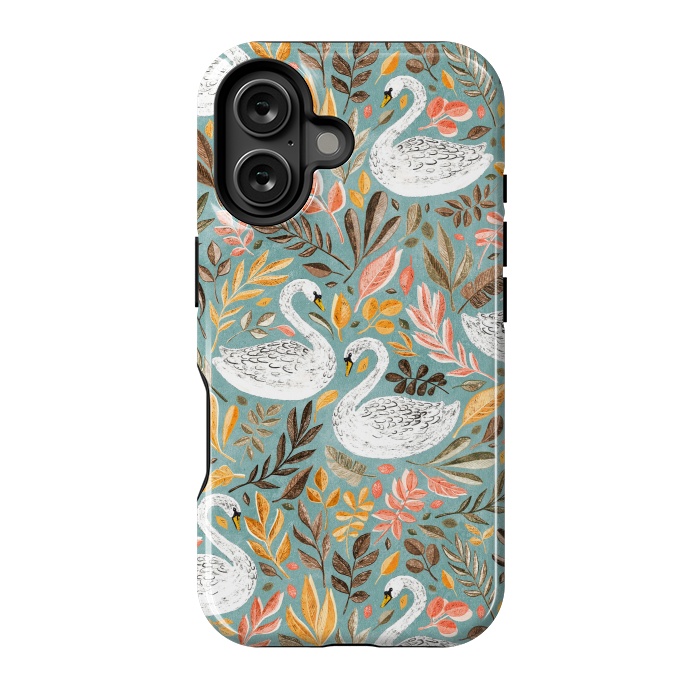 iPhone 16 StrongFit Whimsical White Swans with Autumn Leaves on Sage by Micklyn Le Feuvre