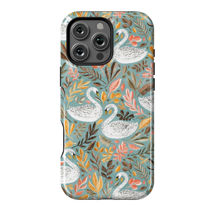 iPhone 16 Pro Max StrongFit Whimsical White Swans with Autumn Leaves on Sage by Micklyn Le Feuvre