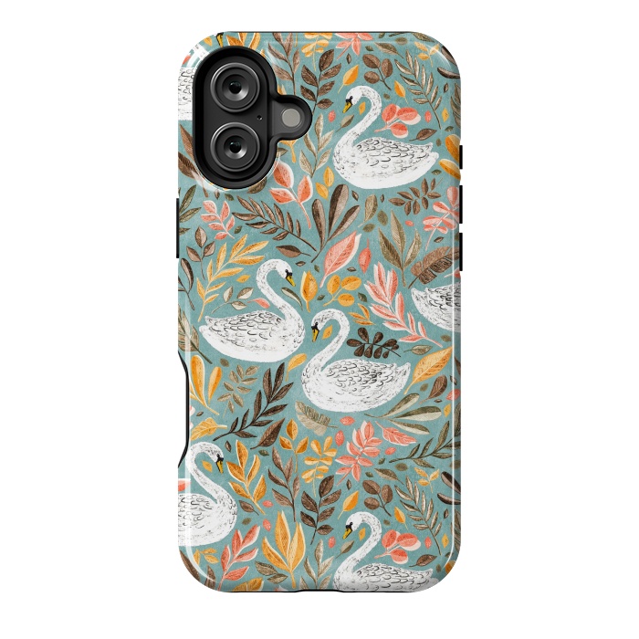 iPhone 16 Plus StrongFit Whimsical White Swans with Autumn Leaves on Sage by Micklyn Le Feuvre