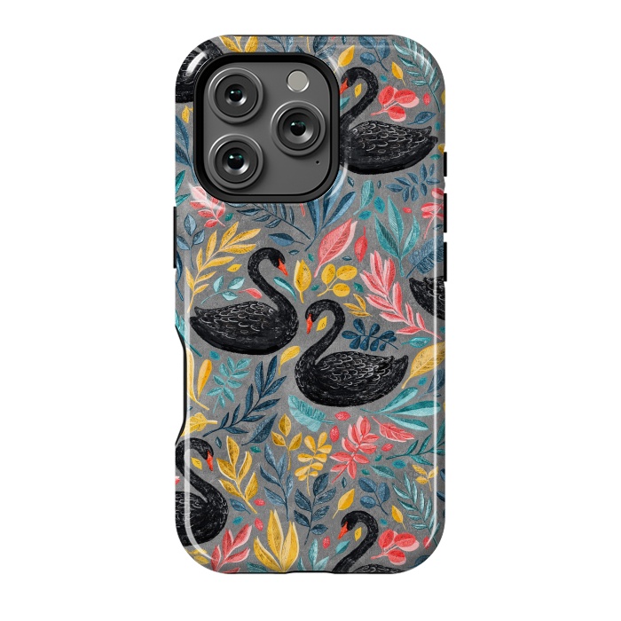 iPhone 16 Pro StrongFit Bonny Black Swans with Lots of Leaves on Grey by Micklyn Le Feuvre