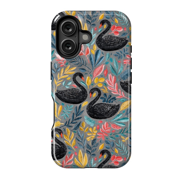 iPhone 16 StrongFit Bonny Black Swans with Lots of Leaves on Grey by Micklyn Le Feuvre