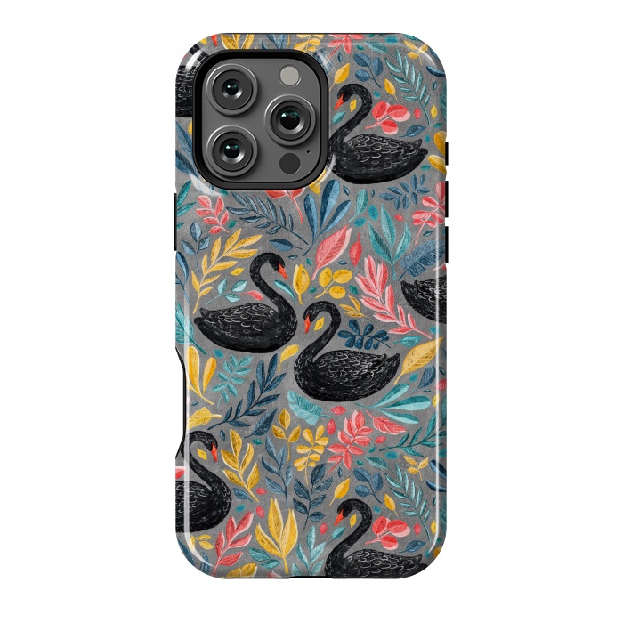 iPhone 16 Pro Max StrongFit Bonny Black Swans with Lots of Leaves on Grey by Micklyn Le Feuvre