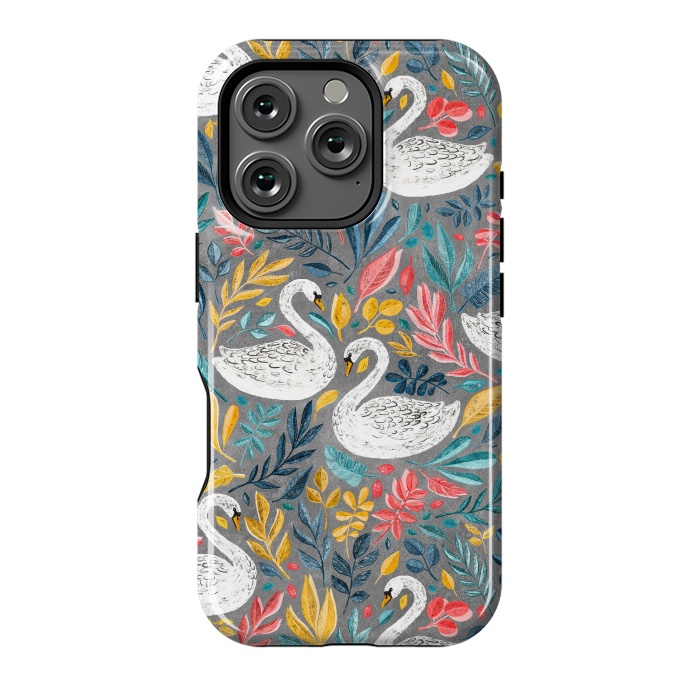 iPhone 16 Pro StrongFit Whimsical White Swans with Lots of Leaves on Grey by Micklyn Le Feuvre