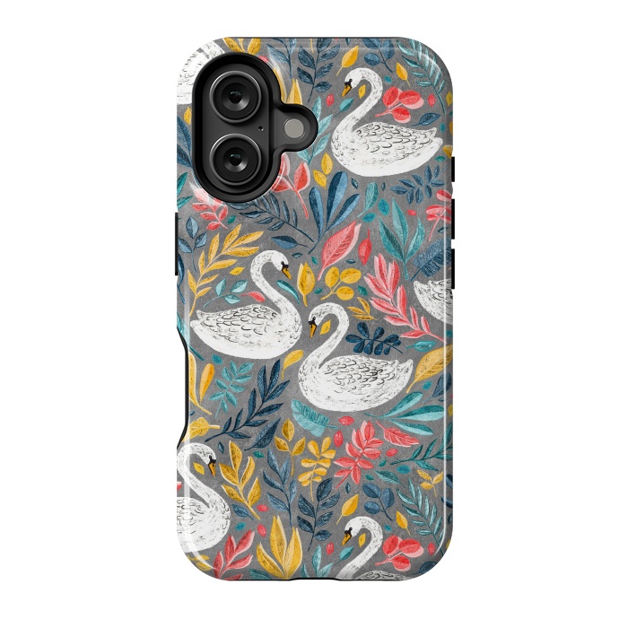 iPhone 16 StrongFit Whimsical White Swans with Lots of Leaves on Grey by Micklyn Le Feuvre