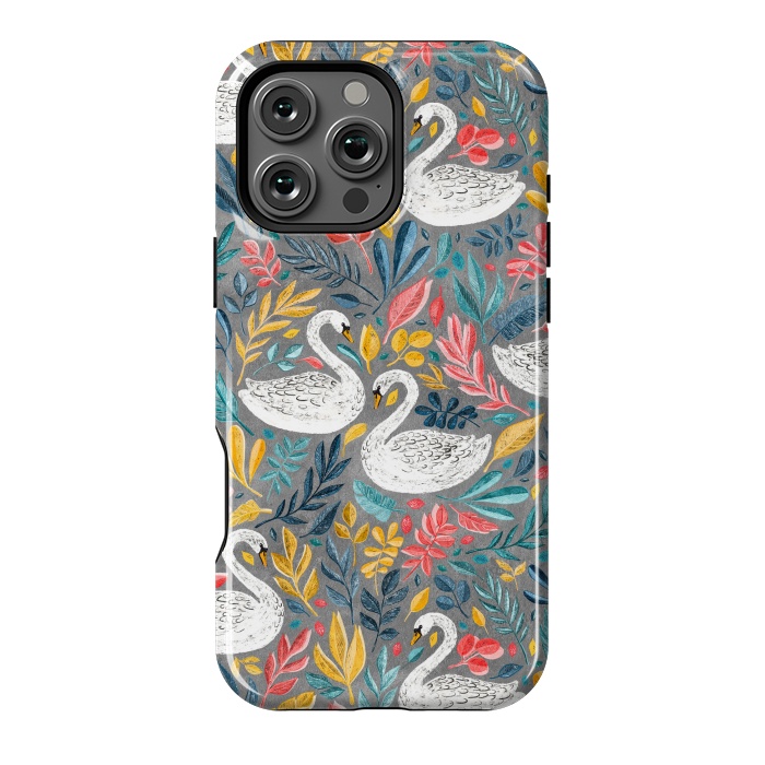 iPhone 16 Pro Max StrongFit Whimsical White Swans with Lots of Leaves on Grey by Micklyn Le Feuvre