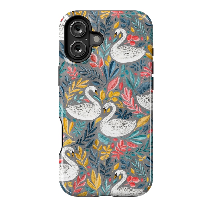 iPhone 16 Plus StrongFit Whimsical White Swans with Lots of Leaves on Grey by Micklyn Le Feuvre