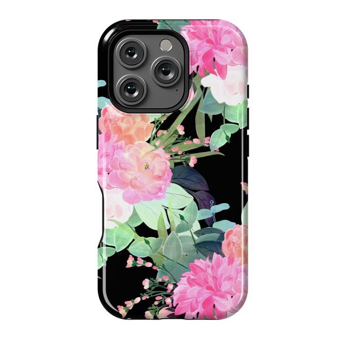 iPhone 16 Pro StrongFit Trendy Pink & Black Flowers Watercolor Design by InovArts