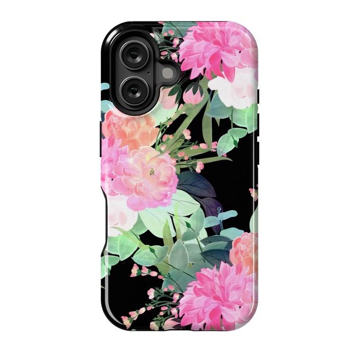 iPhone 16 StrongFit Trendy Pink & Black Flowers Watercolor Design by InovArts