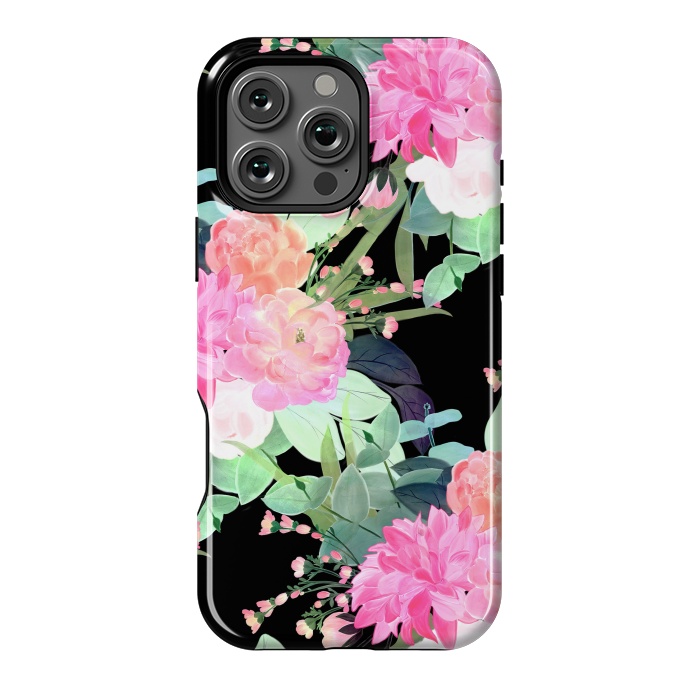 iPhone 16 Pro Max StrongFit Trendy Pink & Black Flowers Watercolor Design by InovArts