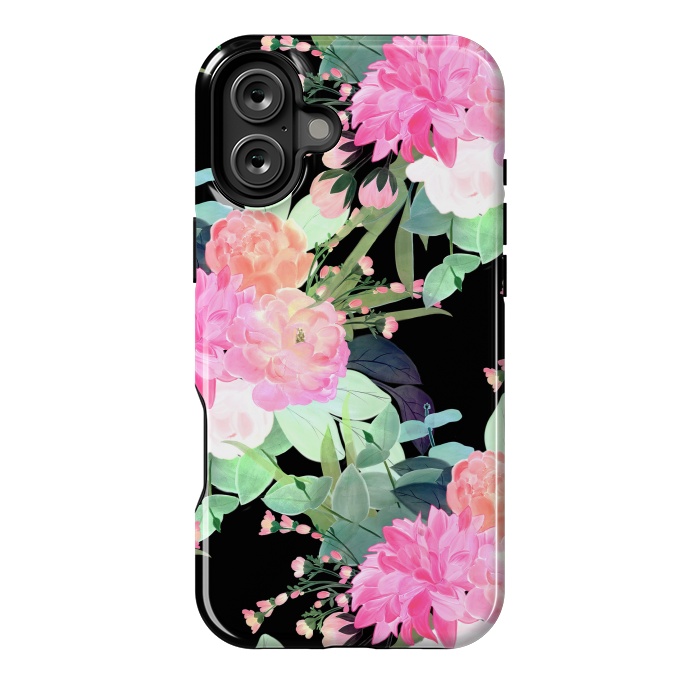 iPhone 16 Plus StrongFit Trendy Pink & Black Flowers Watercolor Design by InovArts