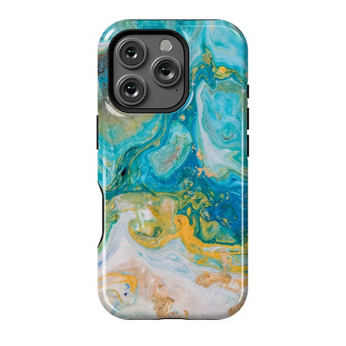 iPhone 16 Pro StrongFit Blue Acrylic Texture with Golden Marble Motifs by ArtsCase