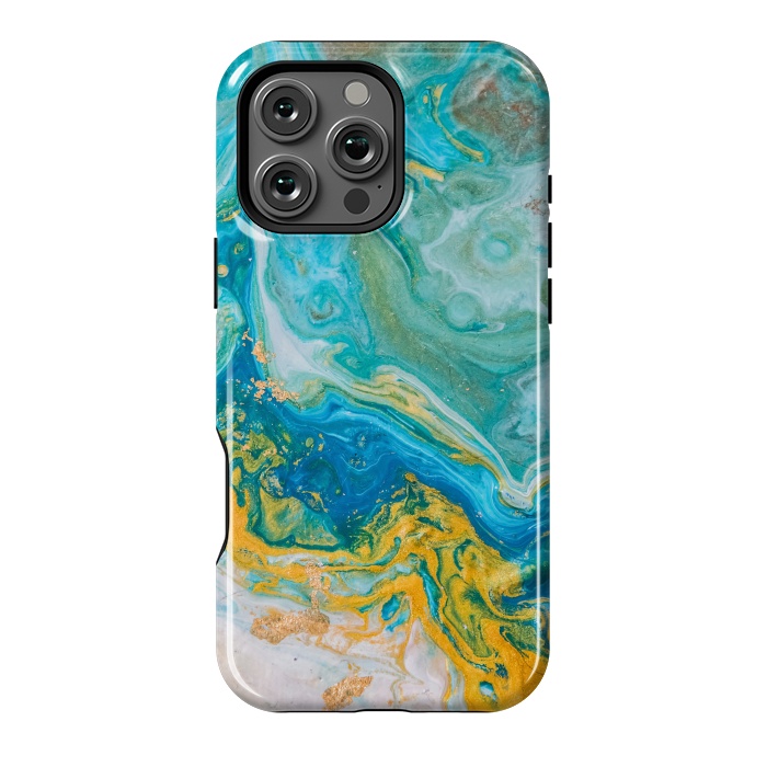 iPhone 16 Pro Max StrongFit Blue Acrylic Texture with Golden Marble Motifs by ArtsCase