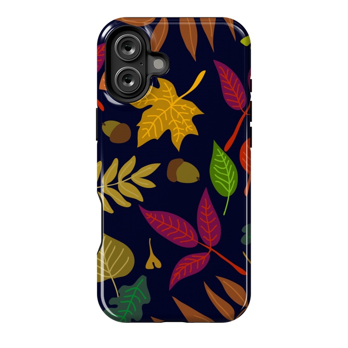 iPhone 16 Plus StrongFit Colorful Leaves and Acorns on Black Background by ArtsCase