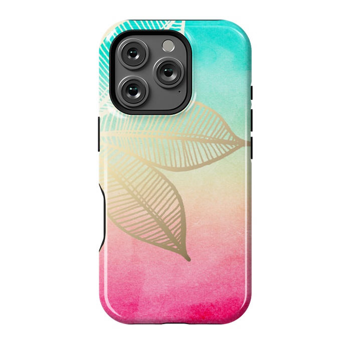 iPhone 16 Pro StrongFit Gold Flower on Turquoise and Pink Watercolor by Tangerine-Tane