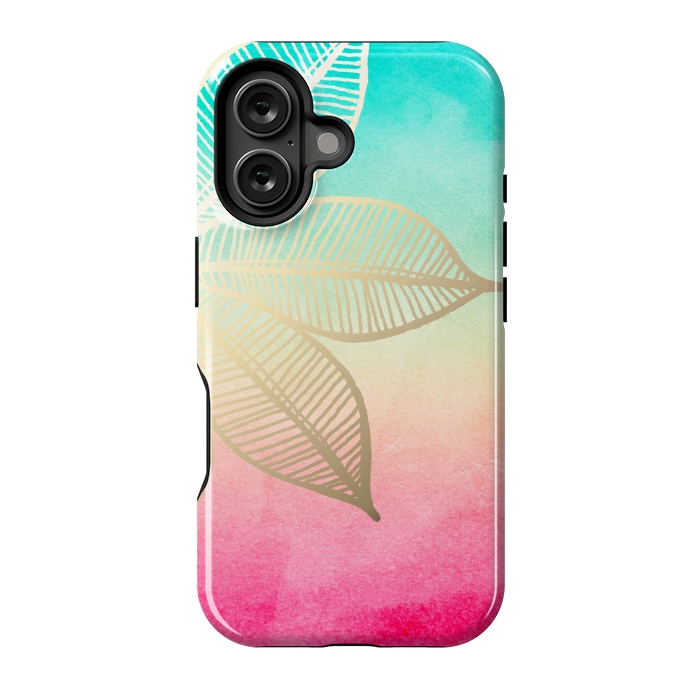 iPhone 16 StrongFit Gold Flower on Turquoise and Pink Watercolor by Tangerine-Tane