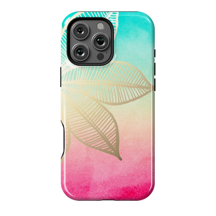 iPhone 16 Pro Max StrongFit Gold Flower on Turquoise and Pink Watercolor by Tangerine-Tane