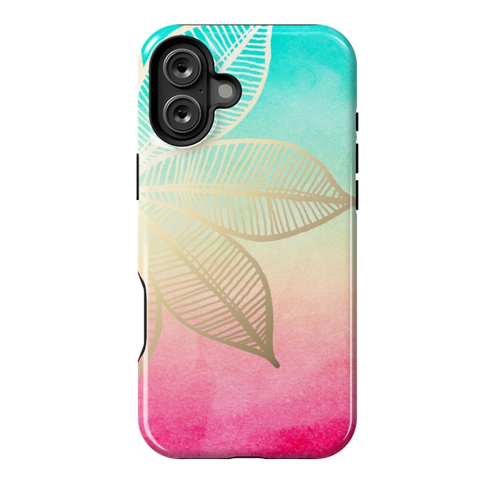 iPhone 16 Plus StrongFit Gold Flower on Turquoise and Pink Watercolor by Tangerine-Tane