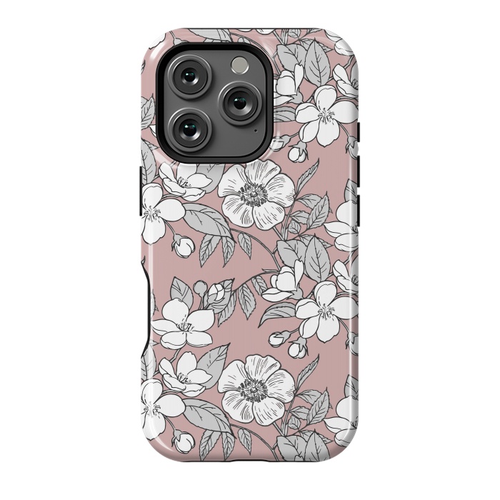 iPhone 16 Pro StrongFit White Cherry flowers line art drawing on pink by Oana 