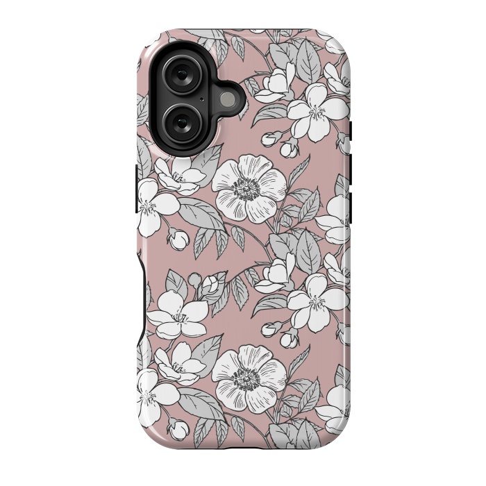 iPhone 16 StrongFit White Cherry flowers line art drawing on pink by Oana 