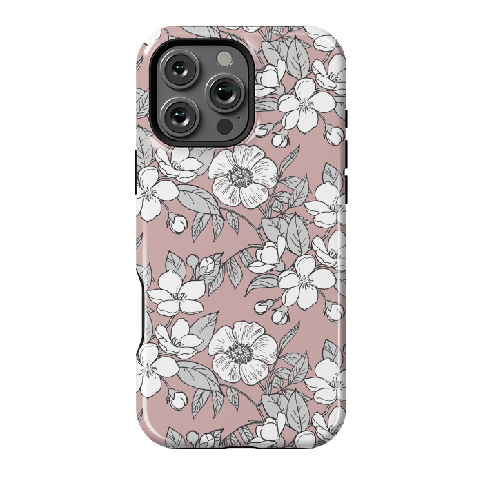 iPhone 16 Pro Max StrongFit White Cherry flowers line art drawing on pink by Oana 