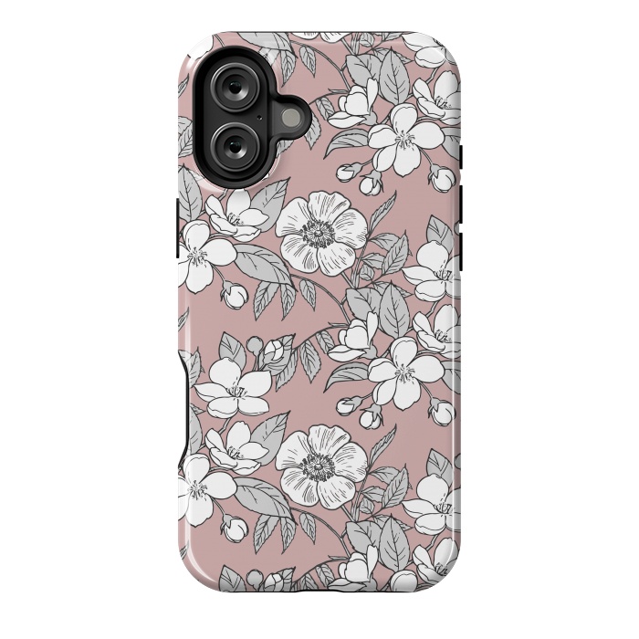 iPhone 16 Plus StrongFit White Cherry flowers line art drawing on pink by Oana 