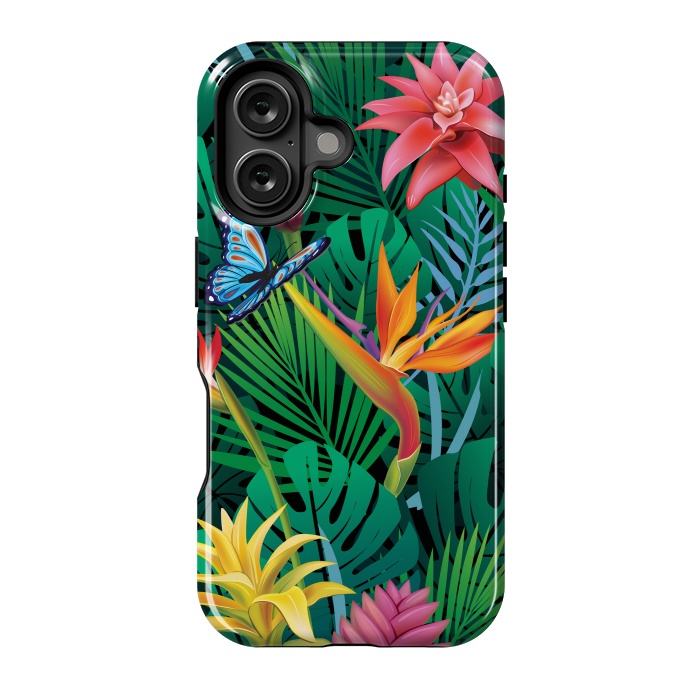 iPhone 16 StrongFit Cute Tropical Floral Design Green Pink and Purple by ArtsCase