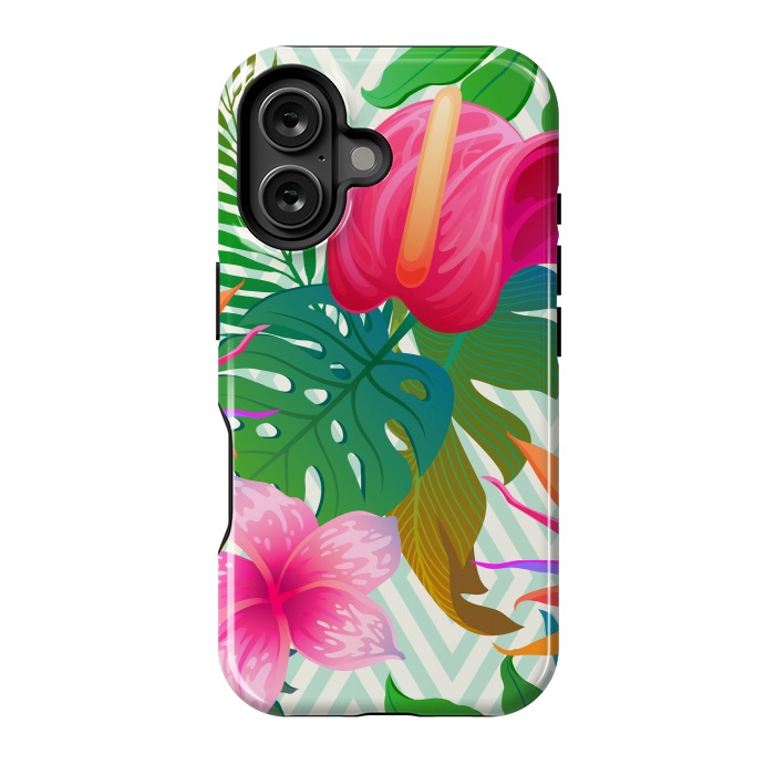 iPhone 16 StrongFit Exotic Flowers and Leaves in Geometric Decoration by ArtsCase