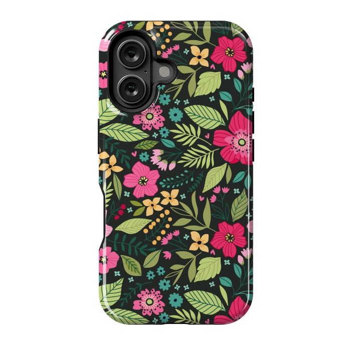 iPhone 16 StrongFit Pretty Flowers on Dark Green Background by ArtsCase